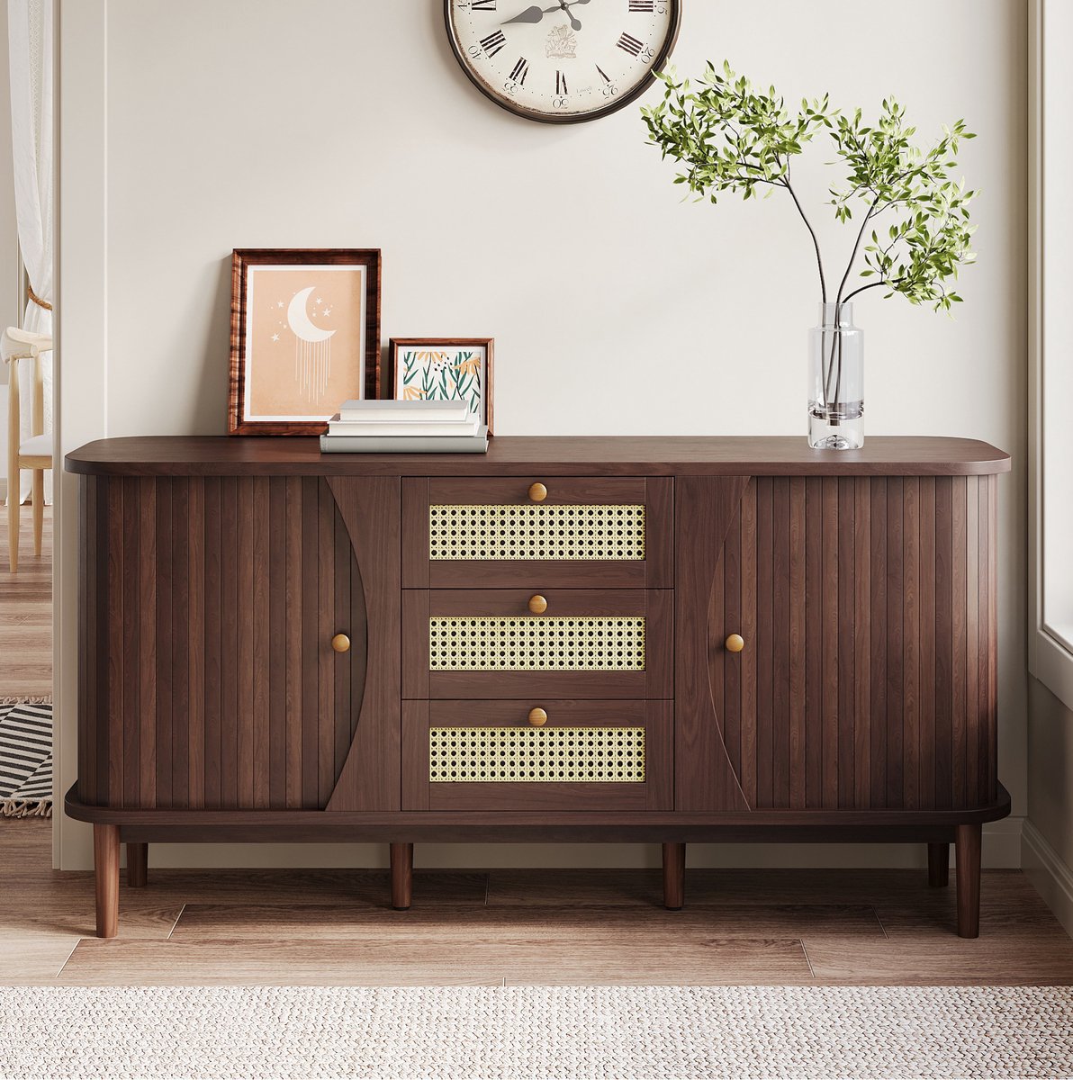 COVREO Dressoir 140,5 x 40 x 76 cm - 3 lades, schuifdeuren, verstelbare planken, naturel