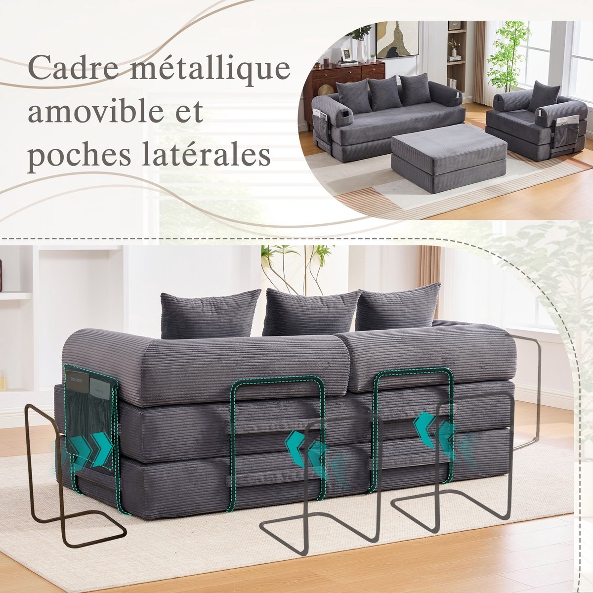 YYchan modulaire bank met hocker - grijs - 200 x 190 x 67 cm