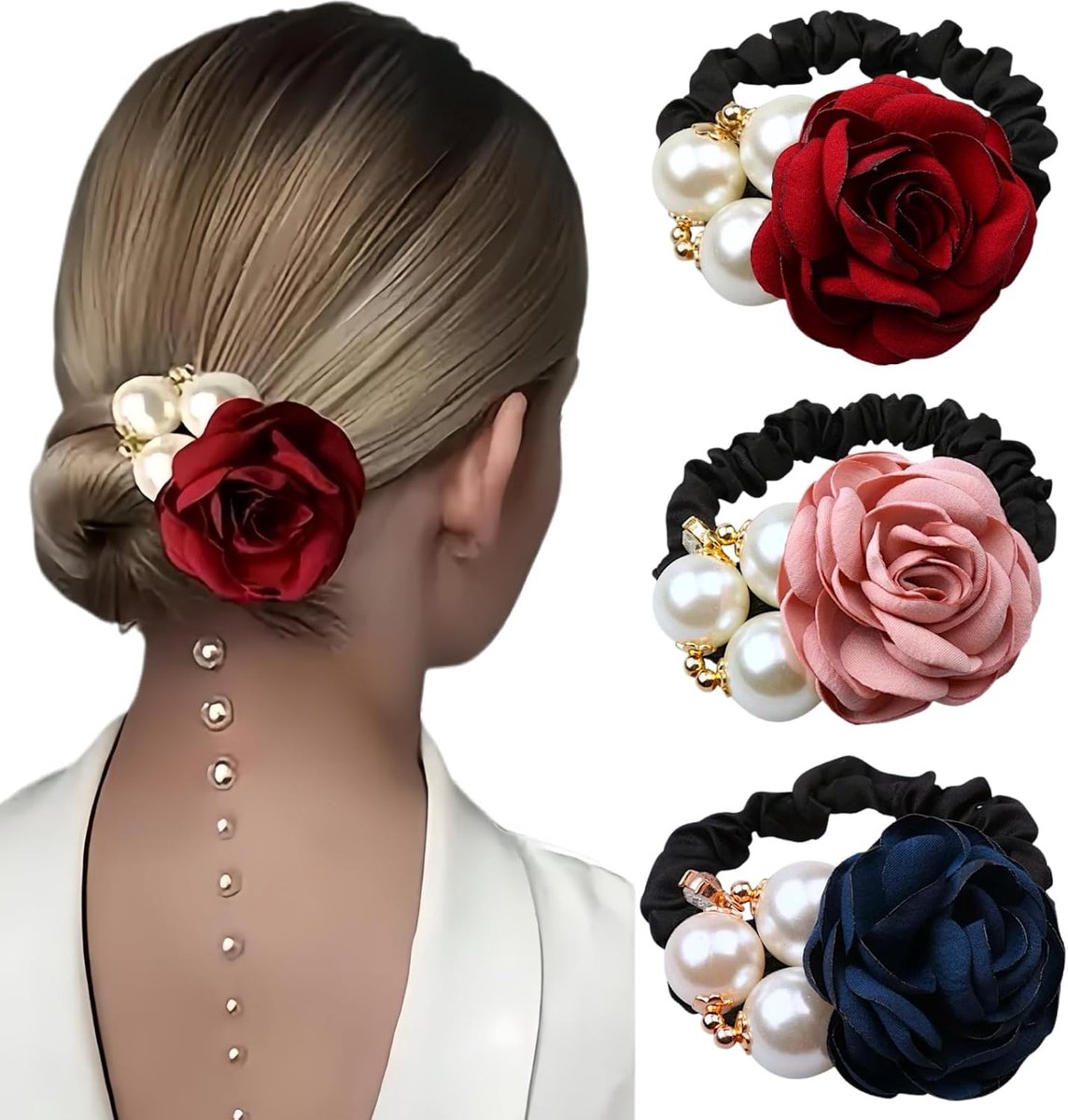 Thijox - 3 Stuks Bloemenhaarelastiekjes met Parels voor Dames - Dunne Elastieken Scrunchies - Paardenstaart-Houder in Bordeauxrood, Donkerblauw en Roz