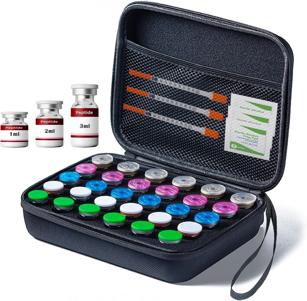 Thijox - Insuline Pen Tas - Peptide Box Koelkast Organizer 30 Slots - Ampullenhouder voor 1-3ml Flessen - Hard Shell Insuline Case met Handvat Zwart -