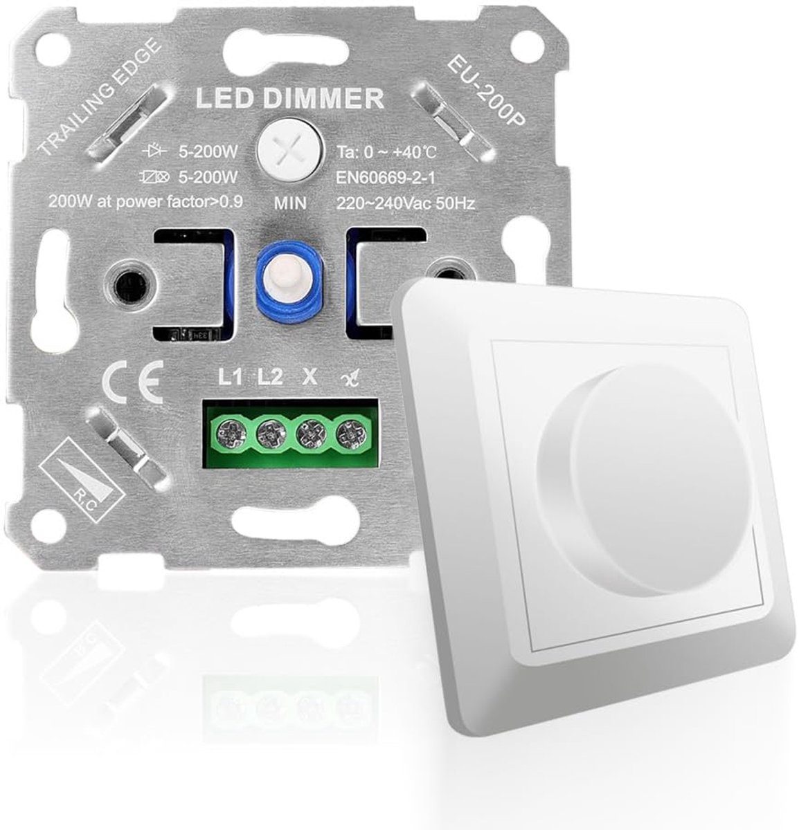 Thijox - Dimmer Schakelaar 220-240 V, LED-Dimmer voor LED-lampen, Gloeilampen en Halogeenlampen, Roterende Faseafsnijdingsdimmer met Selecteerbare Min