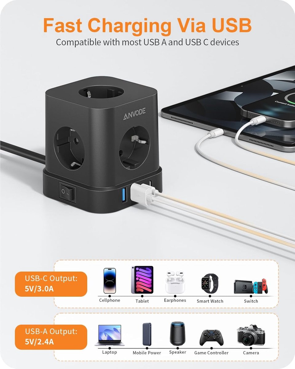 Thijox - 9-in-1 Stopcontactenblok met USB C, 5-voudige Meervoudige Stekkerdoos met Schakelaar, Overspanningsbeveiliging, 4 USB-poorten, Verdeelstopcon