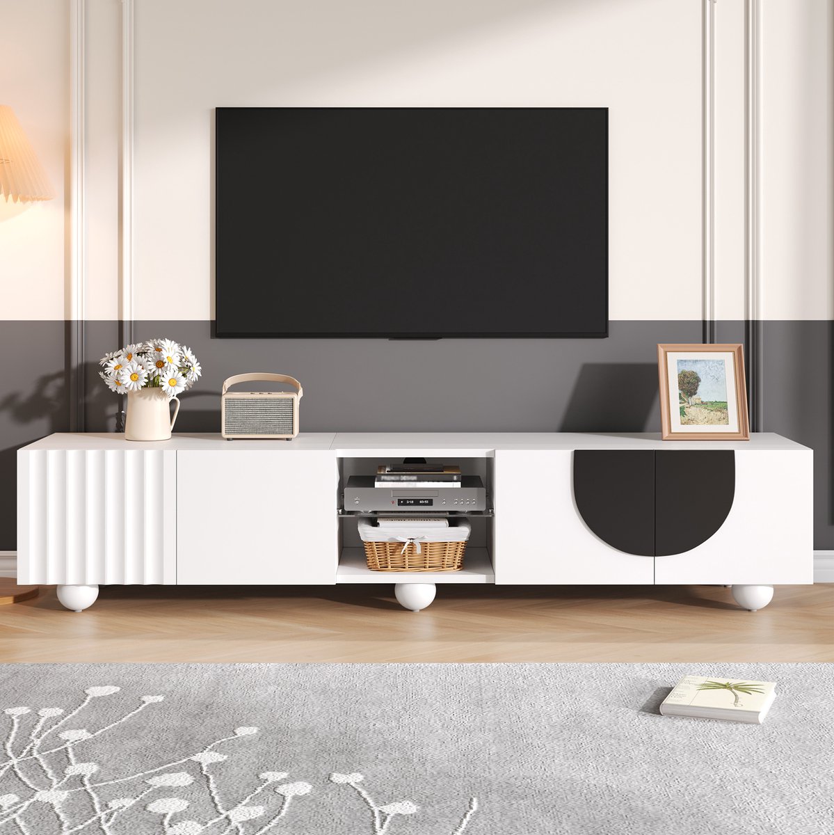 COVREO TV meubel 180 x 40 x 41,5 cm - wit met zwart, open vak en push-to-open deuren