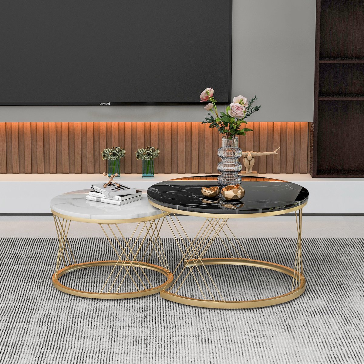 COVREO salontafel set van 2 70 x 70 x 45 cm - rond, marmerlook fineer, zwart wit goud
