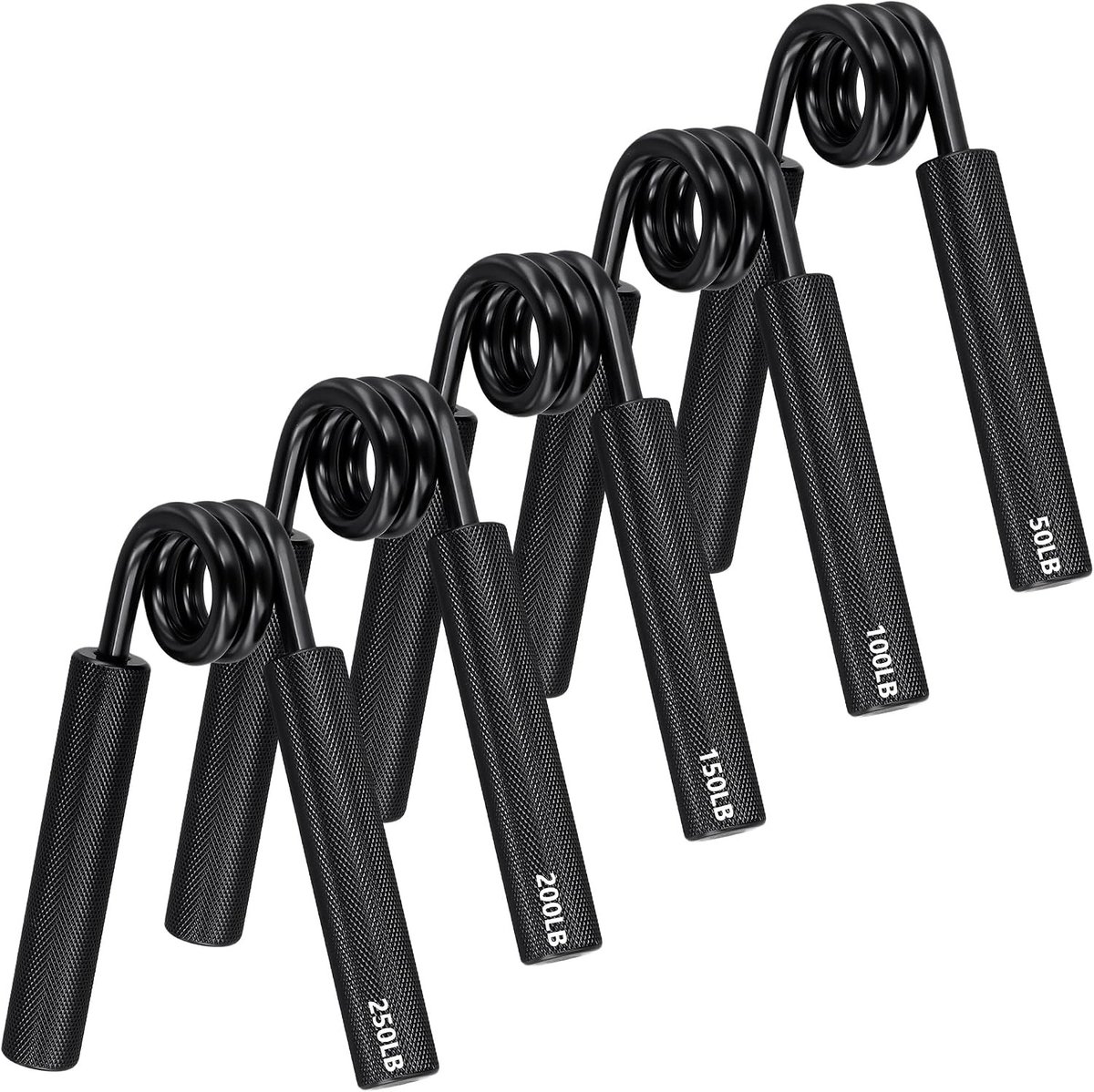 Onderarmtrainer set van 5, metalen vingertrainers voor greepkracht, handspiertraining, spieropbouw en fitness, 50-250 LBS, zwart