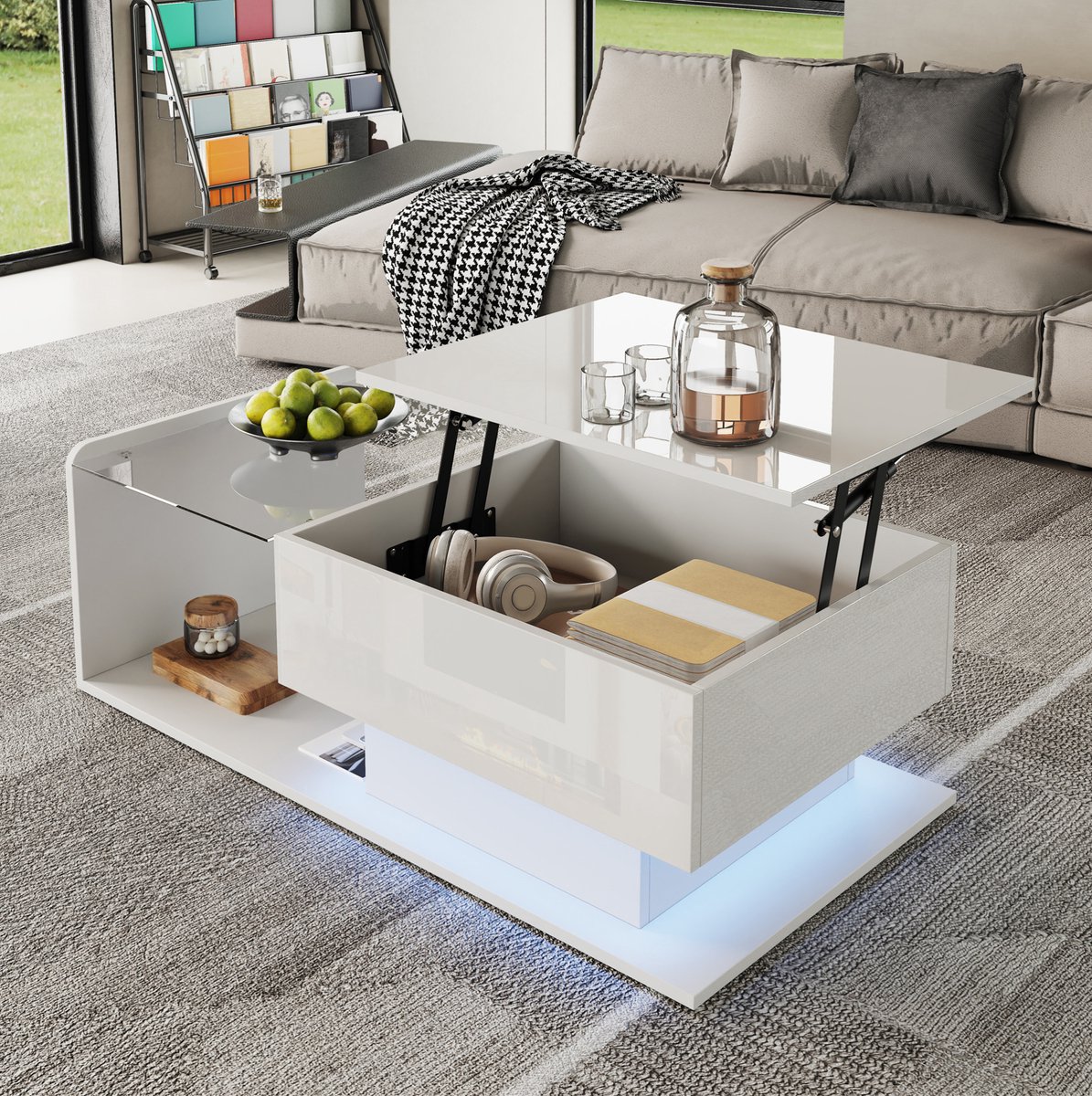 COVREO salontafel 100 x 50 x 47,5 cm - hoogglans wit, glasplaat, verstelbare hoogte, LED