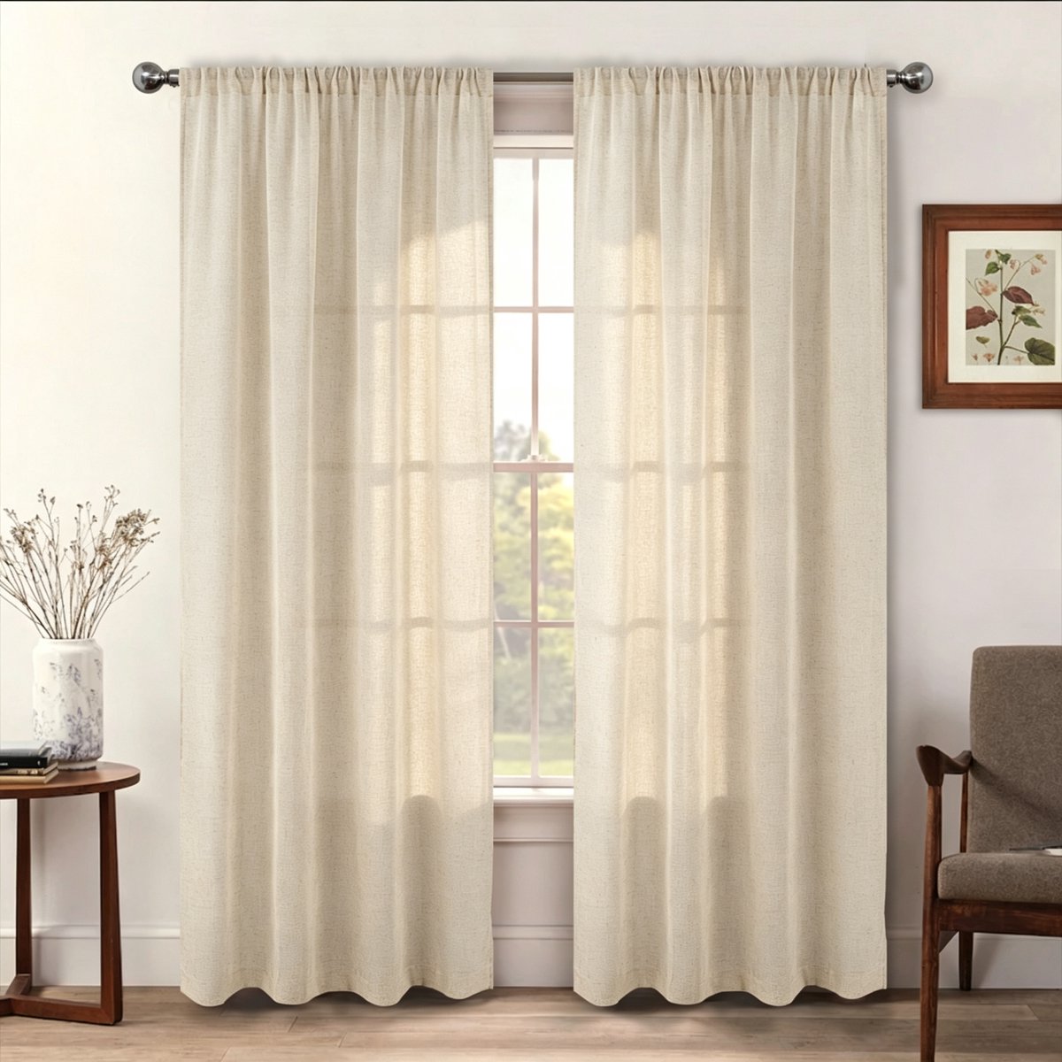 Linnen, effectief, transparant gordijn met stangzak, halfdoorzichtig, biedt privacy en filtert het licht, raamdecoratie voor slaapkamer/woonkamer, 1 stuk, natuurlijke kleur