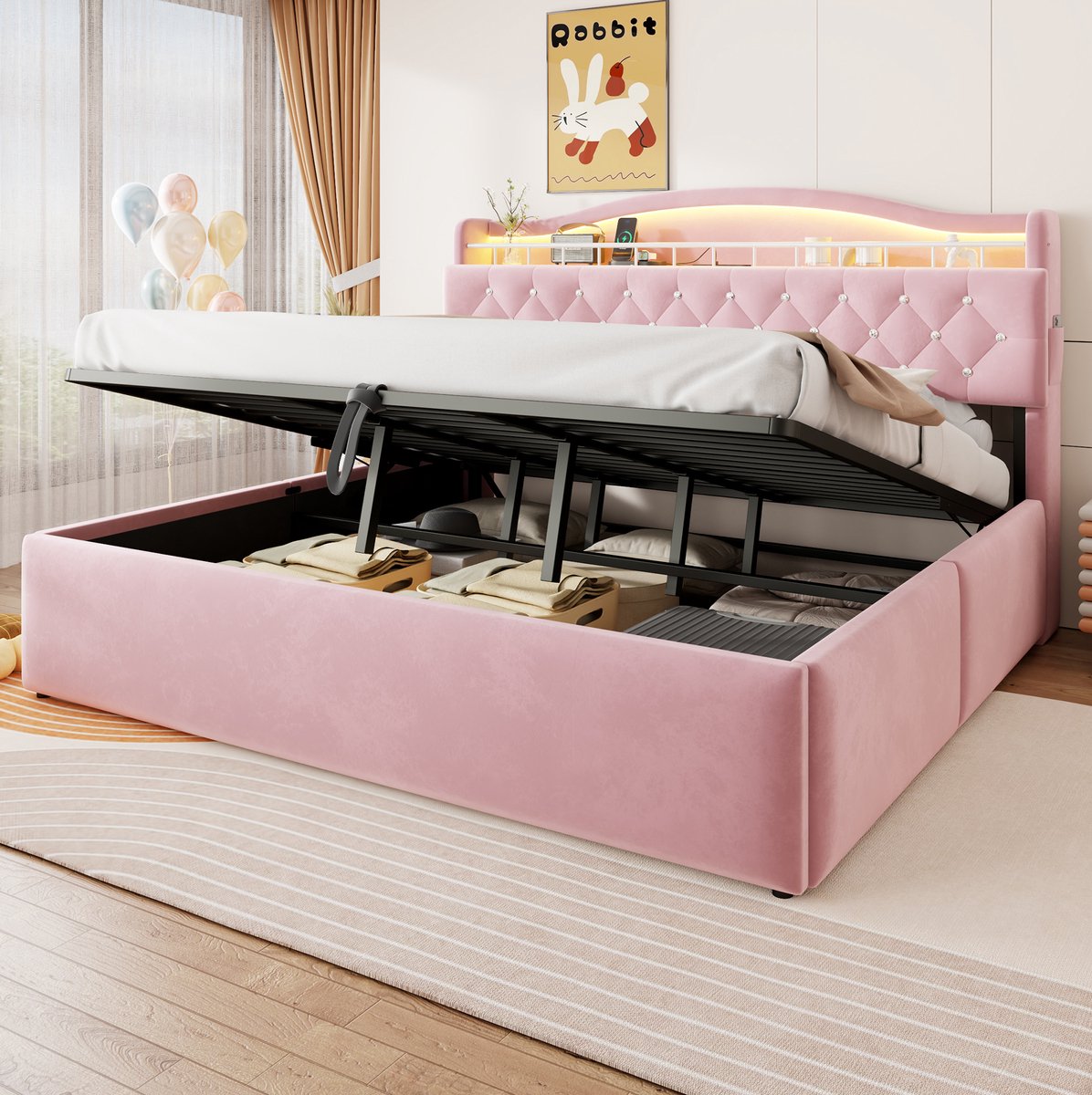 OKWISH Gestoffeerd Bed 180x200 cm - Met Hydraulische Opbergruimte en LED Hoofdbord - USB en USB-C - Tweepersoons Zonder Matras - Roze