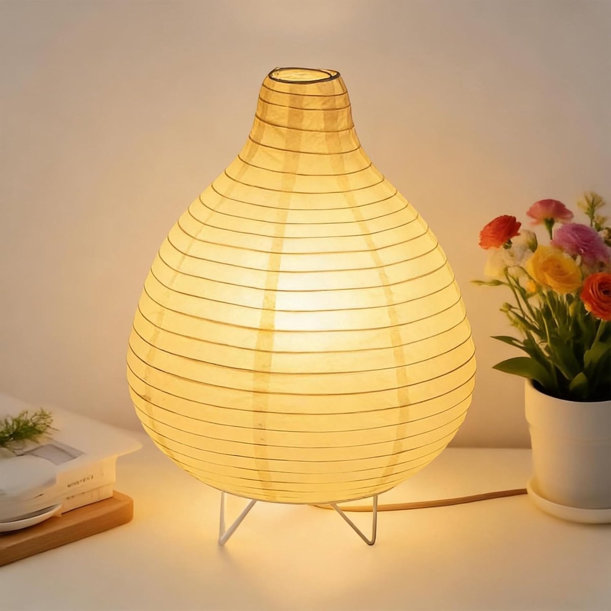 Witte rijstpapier lampenkap voor tafellamp, nachtlamp en vloerlamp met E14 fitting, schakelaar en 1.8 m kabel, hoogte 25 cm, vervangende lampenkappen