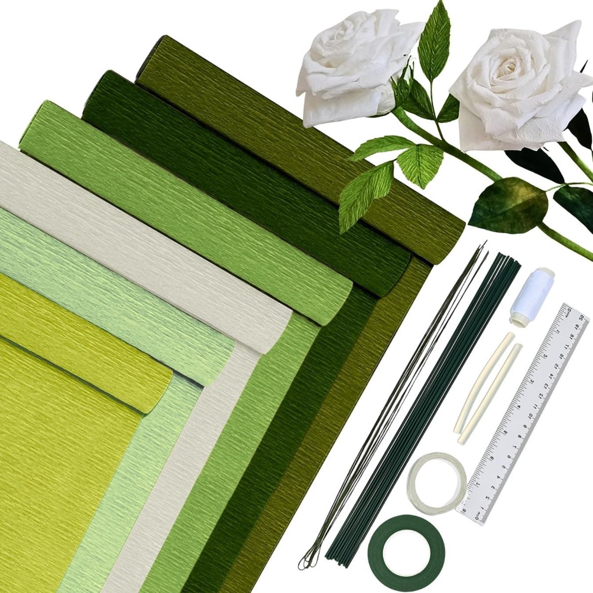 Verpakking van 6 kleuren, 6 rollen, 25 x 200 cm Crêpepapier in overgangsgroene kleur met 15 bloemenstaafjes, bloemistlint, dubbelzijdig plakband, liniaal, naaigaren, crêpepapier voor