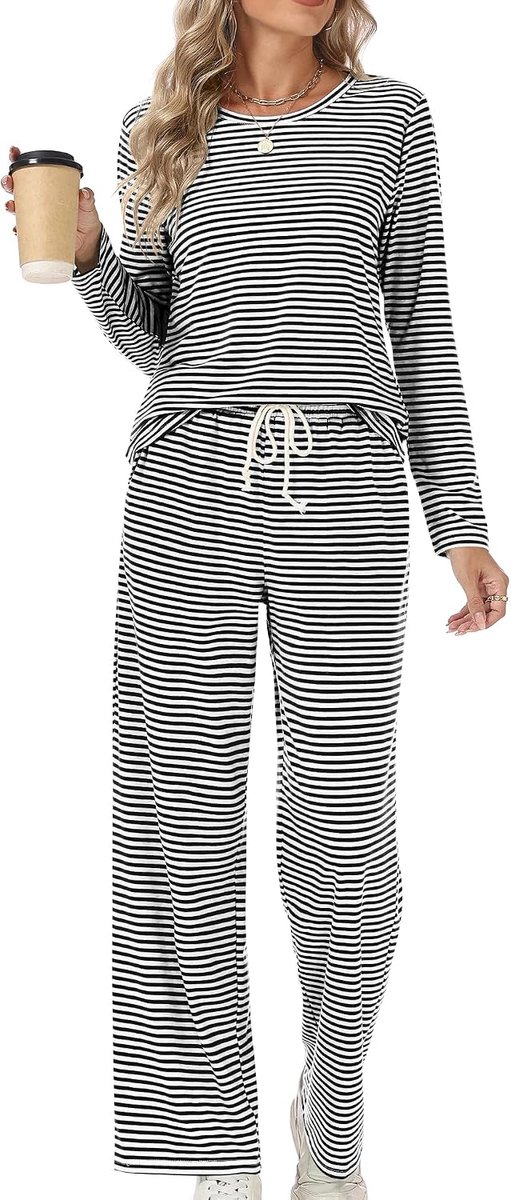Pyjama voor Vrouwen Leuke Pjs Set Zachte Co ord Sets Loungewear Lange Mouw Gestreepte Dames Pyjama Nachtkleding Pyjama Broek met Zakken Trekkoord Nachtkleding