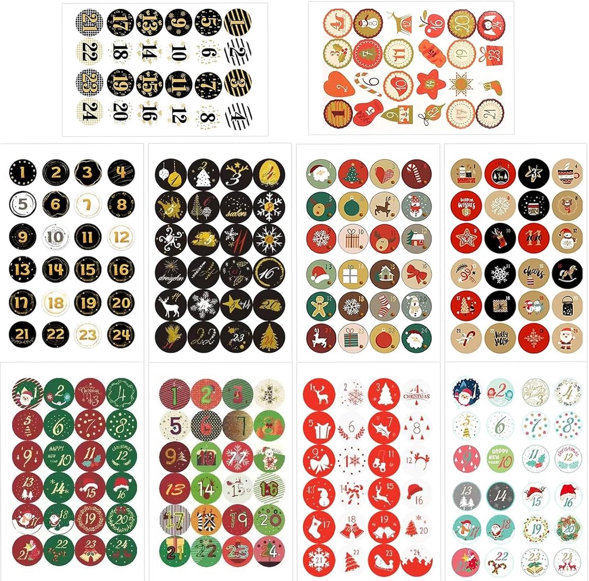 Stickerset, 10 x 24 adventskalenderstickers, adventskalender stickers, adventskalendercijfers, stickers adventskalender voor adventskalender, knutselen en vullen.
