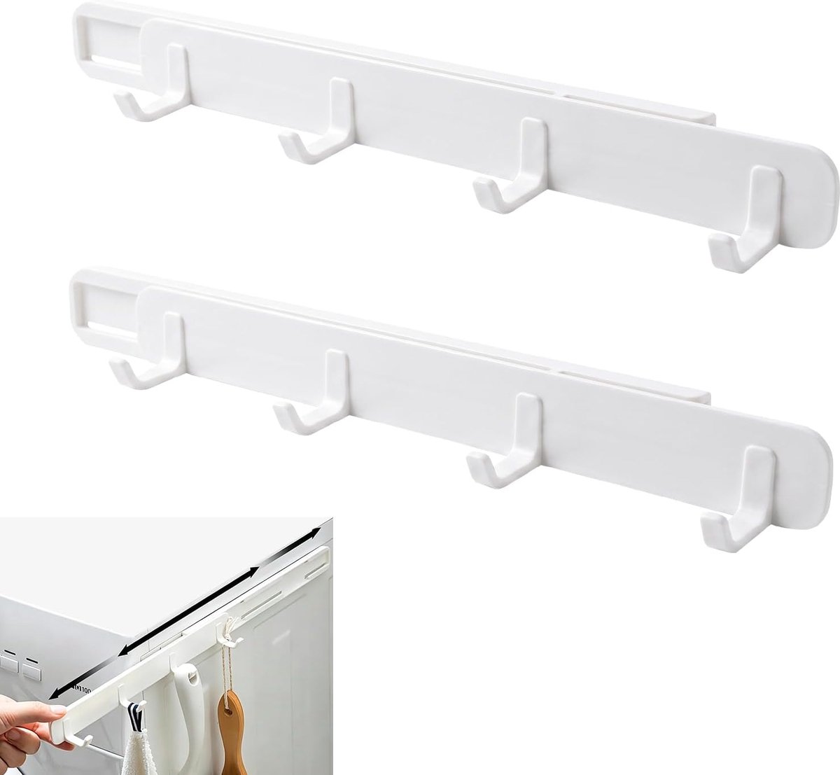 Uittrekbaar, 26,4-46 cm, wandhaken met 4 haken, voor keuken en badkamer, wit, 2 stuks