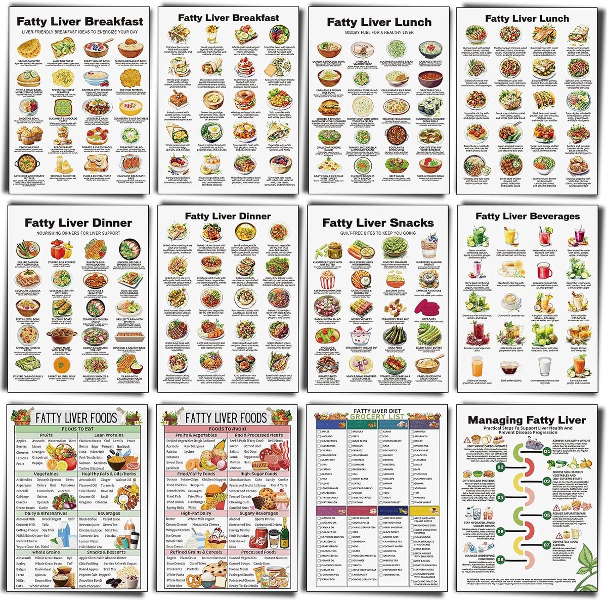 12 Pcs Fatty Liver Food Chart Poster Fatty Liver Diet Grocery List Health Diet Food Guide for Room Kitchen Decor