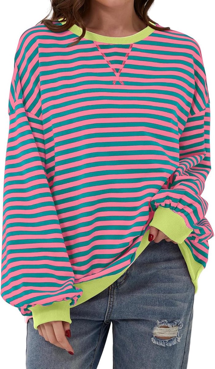 Damestrui, sweatshirt, oversized, ronde hals, gestreept, lange mouwen, losse bovenstukken, casual, casual, herfst, winter