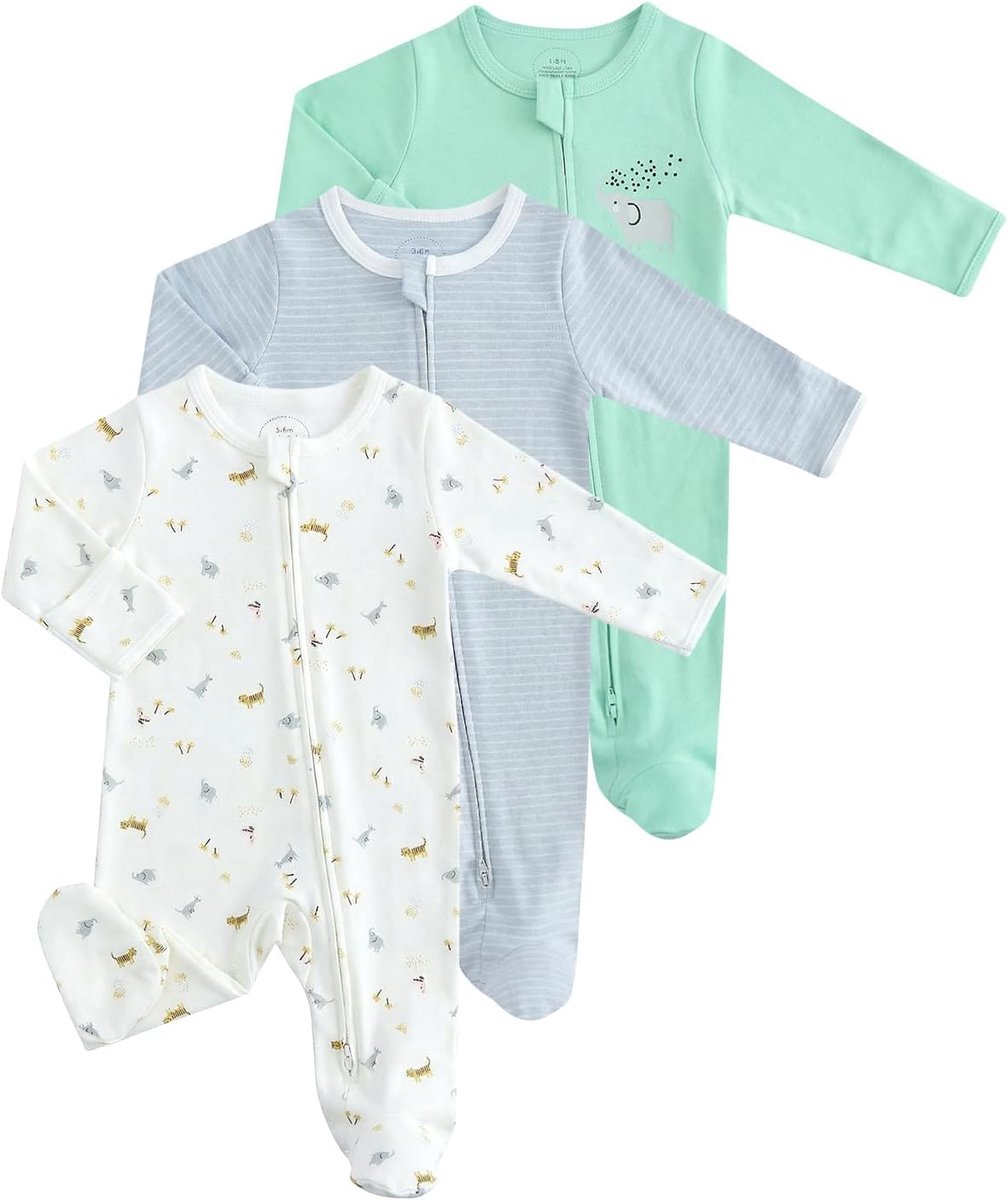 Babypyjama, romper, set van 3, katoen, uniseks babyoverall met ritssluiting, voeteneinde en inklapbare wanten, voor pasgeborenen tot 12 maanden