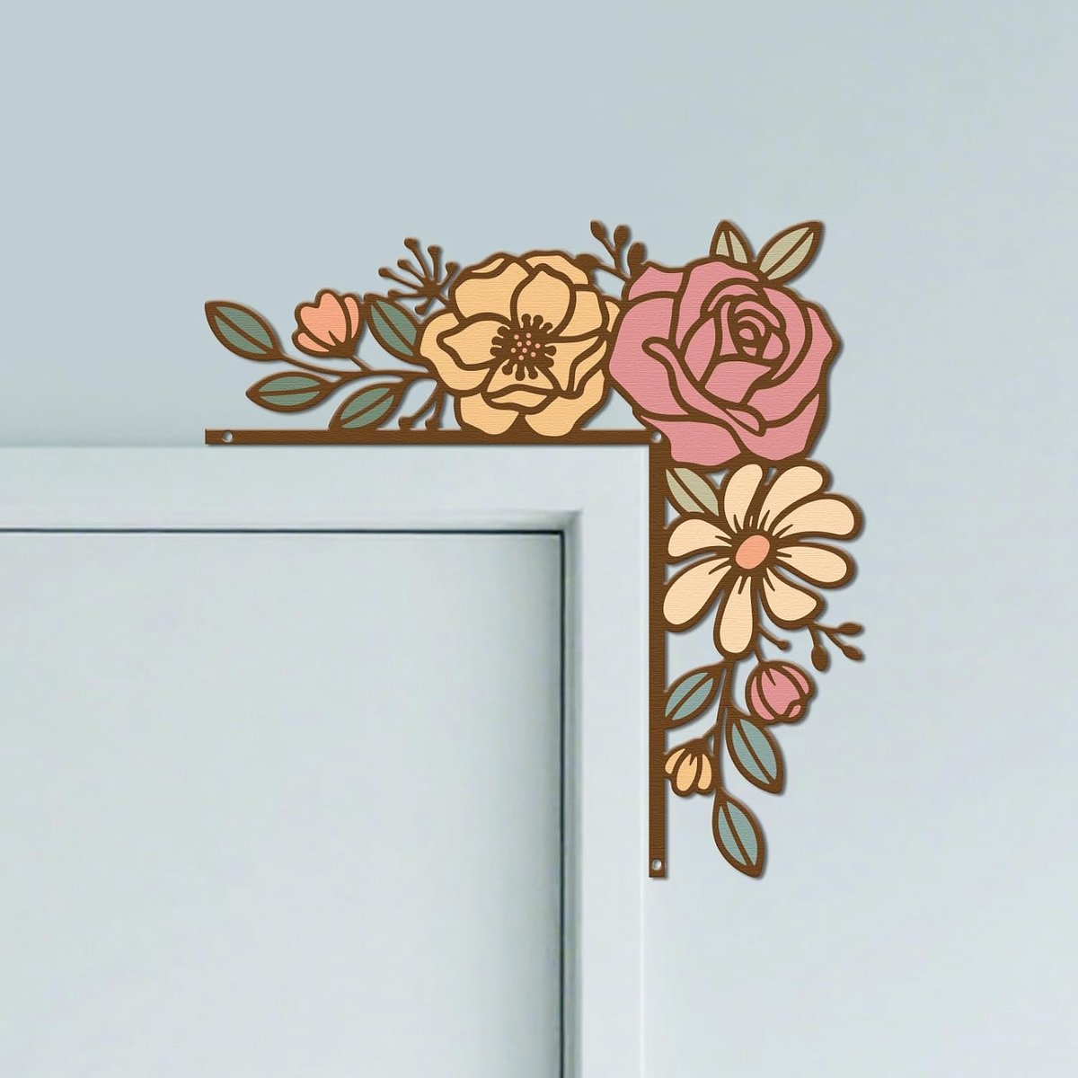 Mooie bloemen metalen deurkozijn, 25 x 25 cm, dubbelzijdig bont wanddecoratie voor deur, creatieve deurkozijnkunst, originele deurhoekdecoratie, voor kinderkamer, kamerdeur, huisdeur