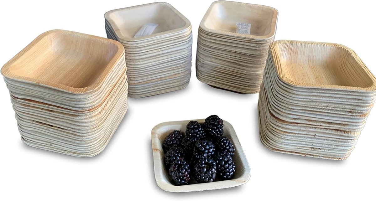 Kommen 100 Stuks (10 cm) | Stevige Feestkommen zoals | Composteerbaar Servies voor Lunch, BBQ, Picknick, Verjaardag en Feesten | Stijlvol vierkant ontwerp, milieuvriendelijk en biologisch afbreekbaar. Perfect voor feesten, BBQ en aperitief serveren.