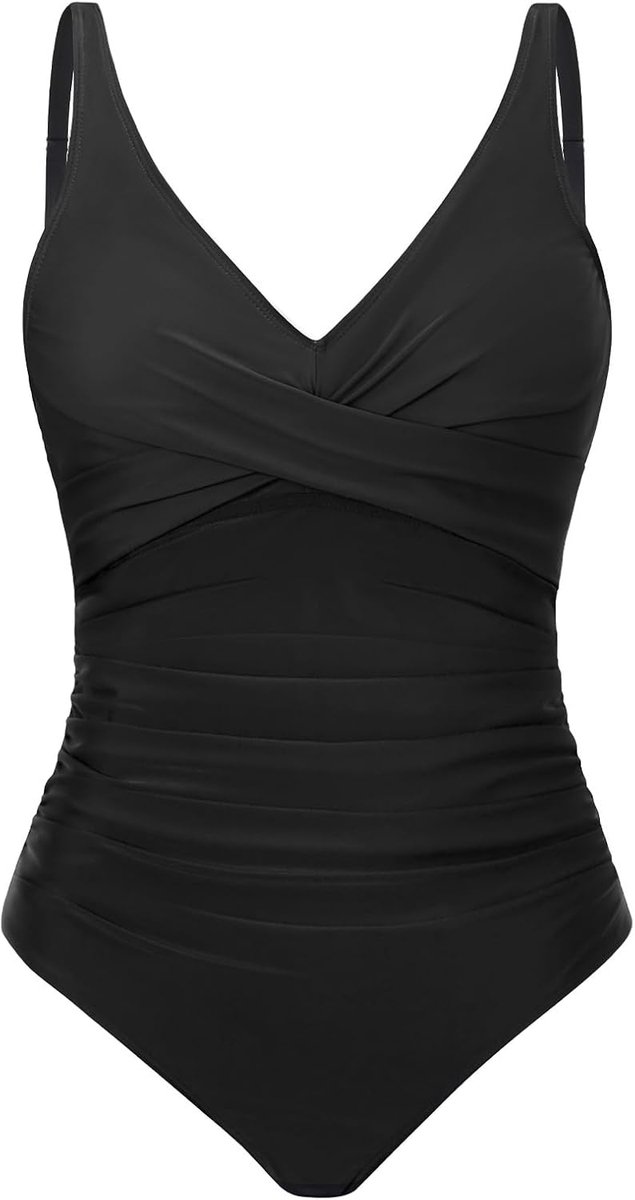 Badpak voor dames, push-up, V-hals, gevoerd, eendelig, platte buik, badmode, buikcontrole, strand, hoge taille, plooien, monokini