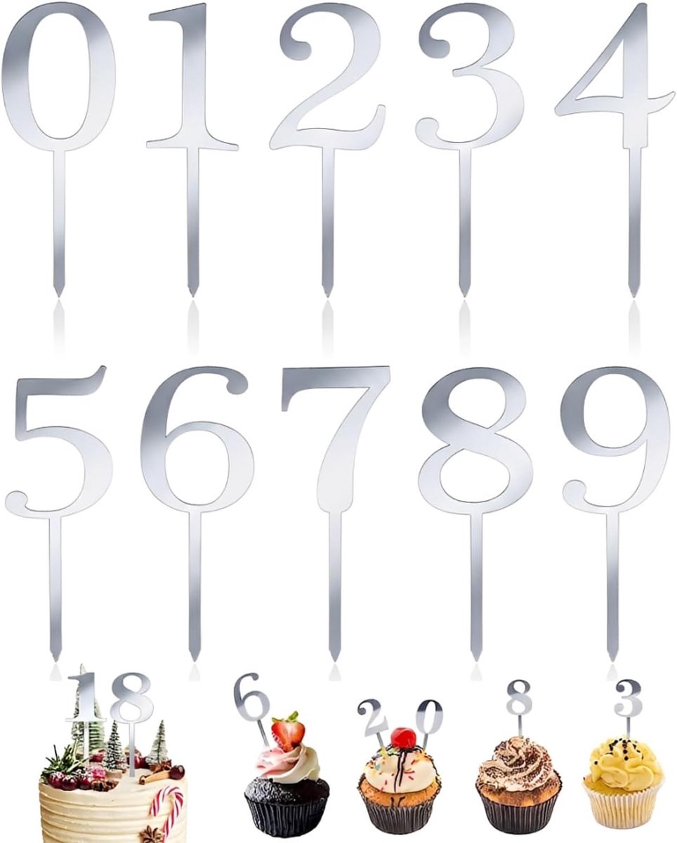 10 Stück Kuken Deko Verjaardag,Cake Topper,Zahlen 0-9 Cake Topper Acryl Gelukkig Verjaardag Tortendeko Weerbruikbare Taart Deko voor Verjaardagsfeesten Trouwfeest,Topp die Torte (Zilver)