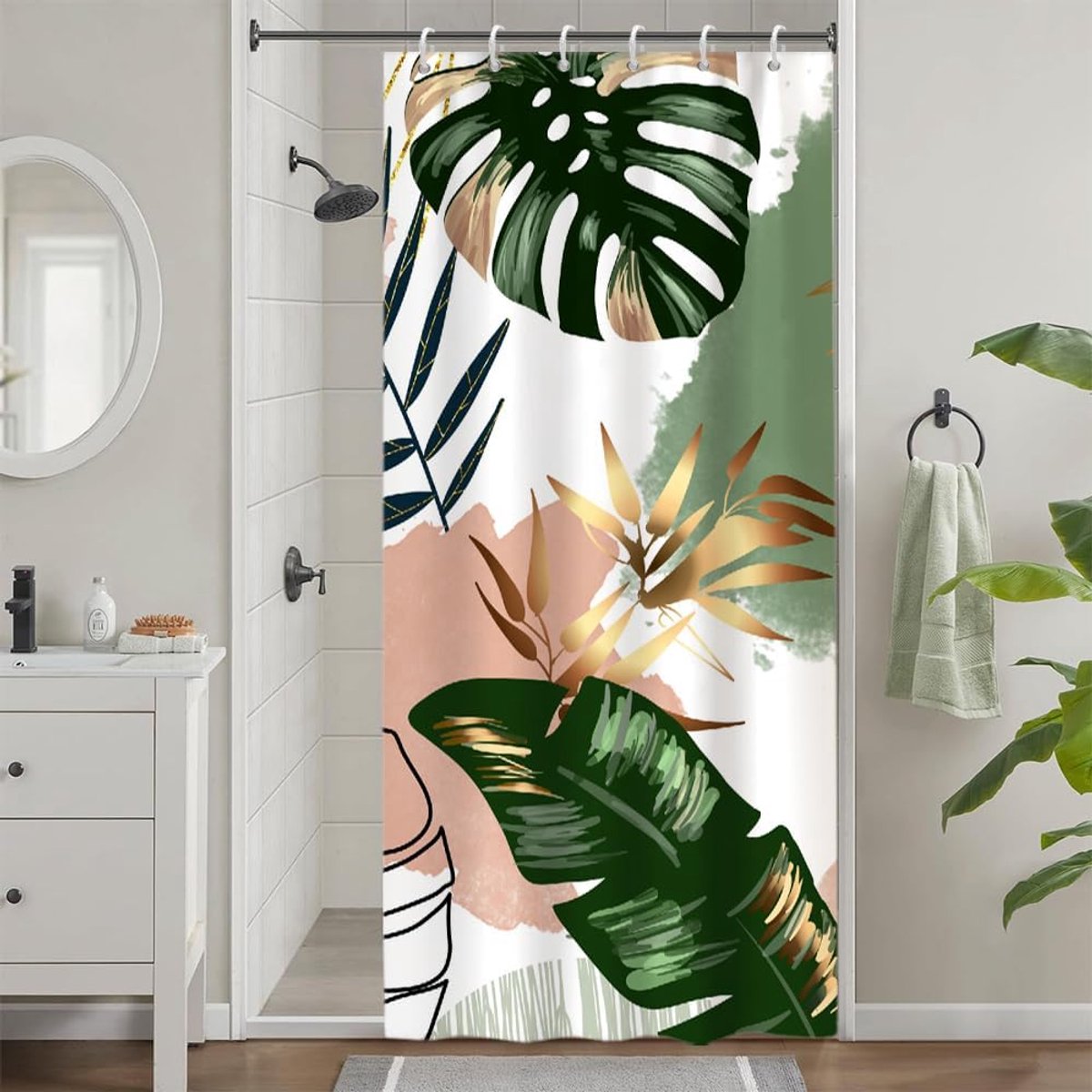 Douchegordijn, smal, 90 x 180 cm, schimmelwerend, boho-stijl, roze, tropisch, groen, palmbladeren, jungle, douchegordijnen, stof, wasbaar, waterdicht, badgordijn met 6 haken, voor badkamer
