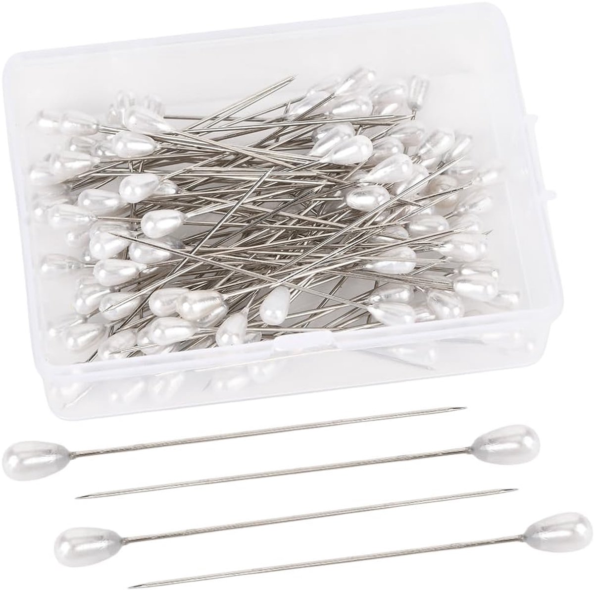 1 doos 100 stuks witte Corsage Pins Teardrop Pearl Head Pins Zilver Roestvrij Staal Hars Boutonniere Bruiloft Boeket Bloem Decoraties Rechte Bevindingen voor DIY Craft Sieraden Maken Naaien