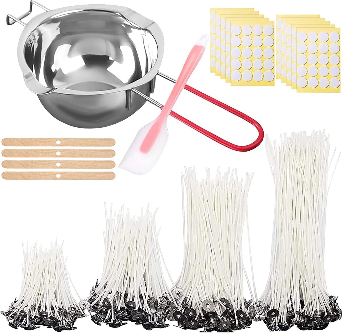Kaars maken Kit, 200 STKS kaars Wicks 100 STKS kaars Wicks Sticker,600ML Universele Smeltpot, 2 STKS Centreerapparaat met 1Siliconen lepel en 5 STKS Roerstokje Voor DIY Kaarsen Maken