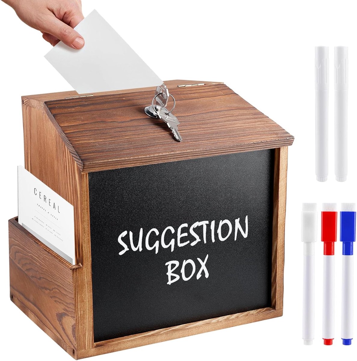 Donatiebox met slot, suggestiedoos van grenenhout met 2 krijt en 2 sleutels, dispenser brievenbus voor wandmontage, houten voorstellingsdoos met krijtbord voor suggestie, donatie, stembriefjes