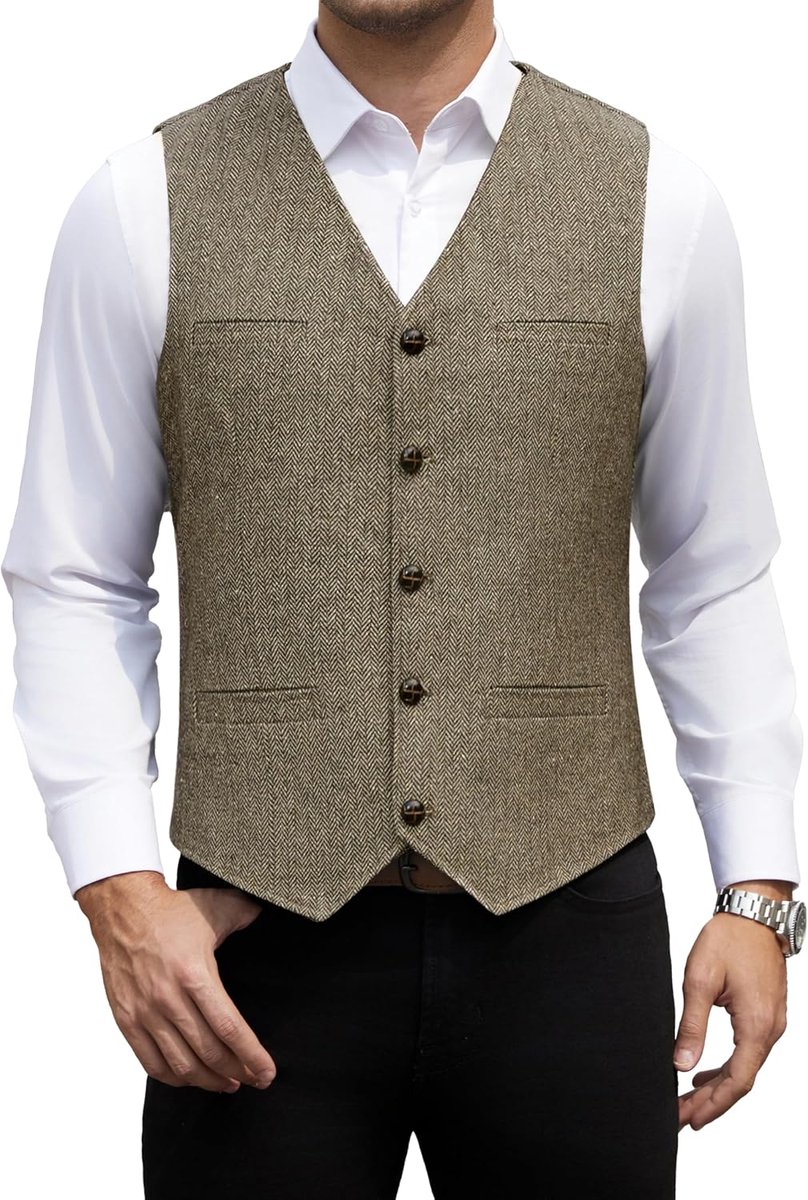 Herenkostuum van wol en tweed, mouwloos vest voor heren, vintage, met visgraat, voor bruiloft en zakelijk, formeel
