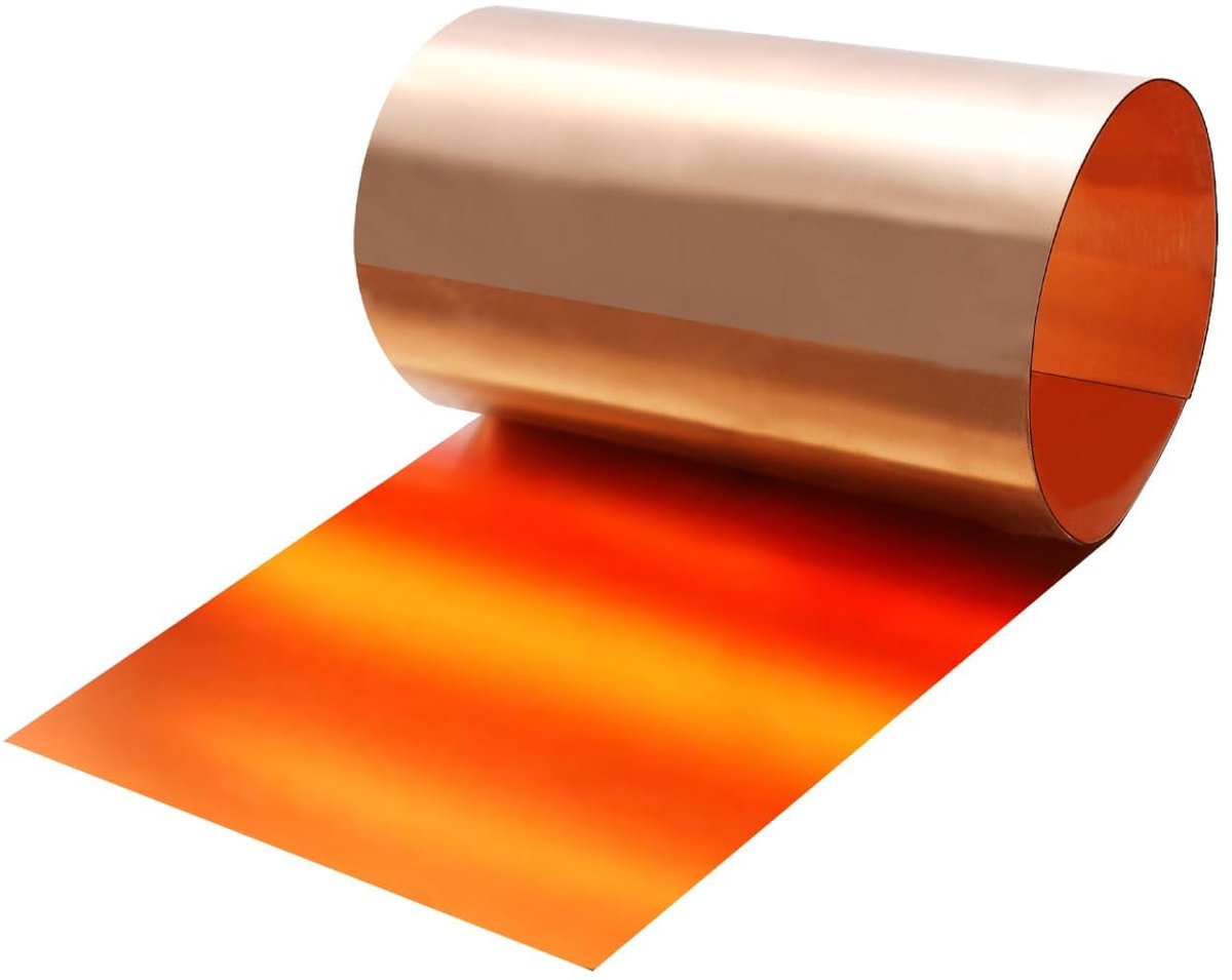 Koperbandrol, 1000 x 200 x 0,4 mm, 99,9% zuiver koperplaat voor handwerk, elektrisch werk, aarding en dakafdichting