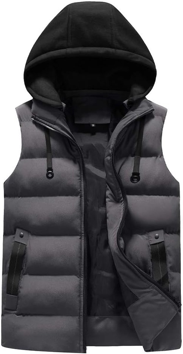 Vest heren gewatteerd vest met capuchon outdoor wintervest licht winddicht capuchonvest winter gilet, grijs, S