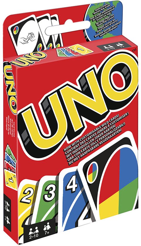 Verpakking van het UNO kaartspel met de rode doos, met 'UNO' logo, en kaartafbeeldingen. Inclusief de tekst 'NU MET AANPASBARE KEUZEKAARTEN!'
