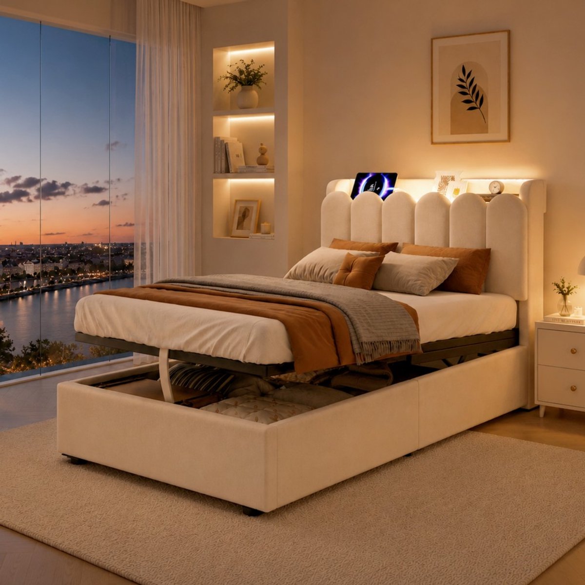 Pugsdrly Gestoffeerd bed, eenpersoonsbed, kinderbed 90 x 200 cm, hydraulisch functiebed, bed met lattenbodem, gestoffeerd hoofdeinde, grote opbergruimte en USB- en Type-C-oplaadstation en leeslamp, fluweel, beige