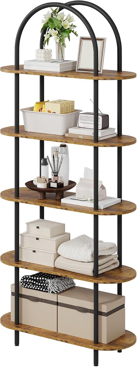 Boekenkast Hoog 5 Lagen - 80x30x180cm - Boekenkast Met Boog - Open Kast - Displaykast Vrijstaand - Metalen Frame Stevig - Voor Woonkamer Slaapkamer Kantoor - Bruin