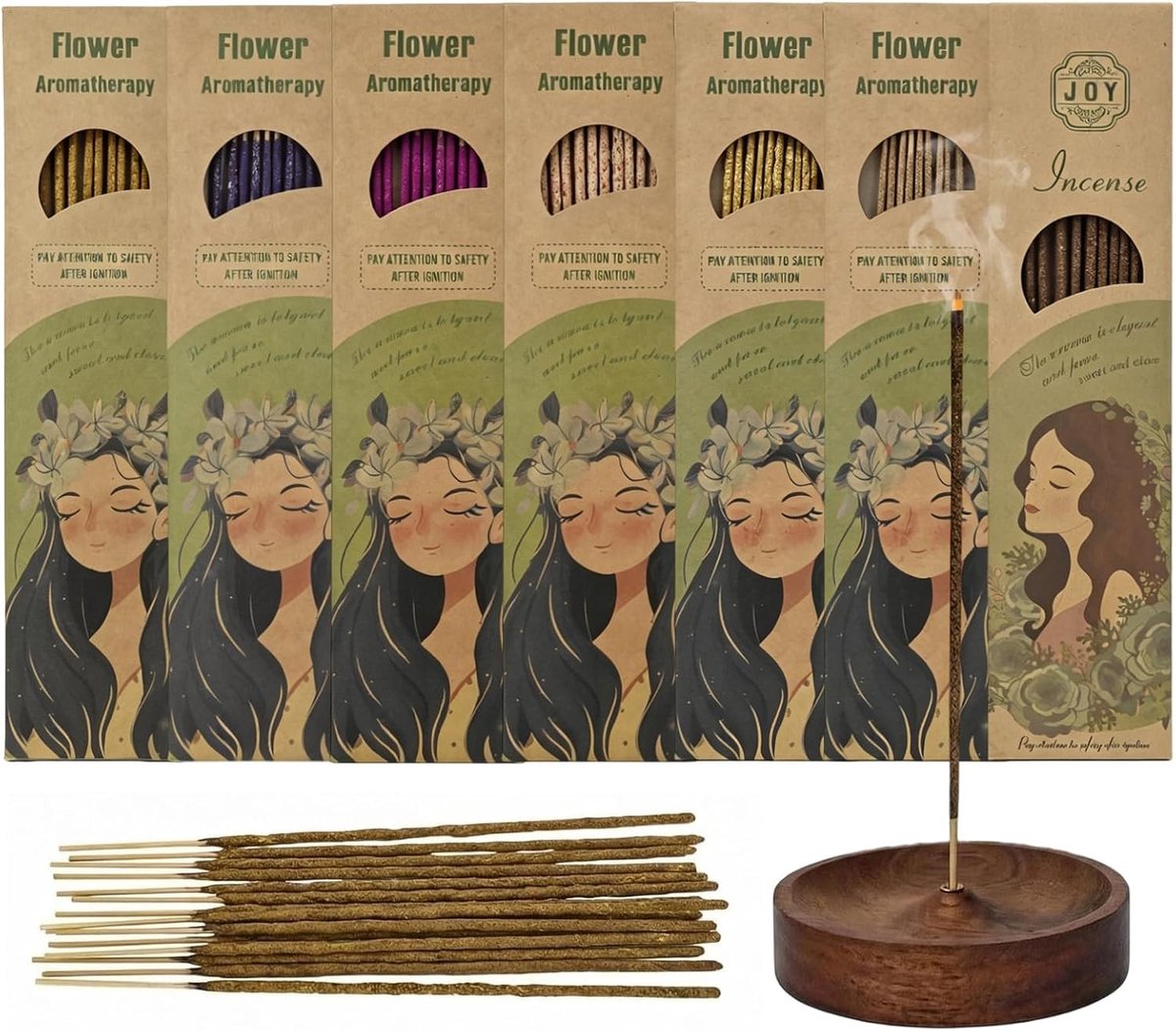 Set van 12 biologische wierookstokjes met houder – Palo Santo, saffraan, roos, lavendel, osmanthus, jasmijn, oolong thee – aromatherapie en meditatie geurervaring