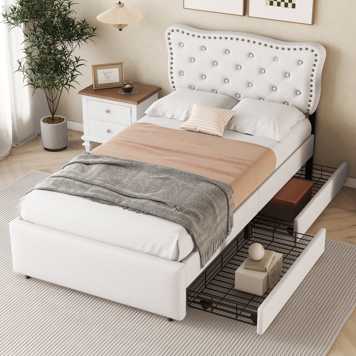Bedframe - voor matras 90 x 200 cm - light beige - met opbergruimte en lattenbodem - matras niet inbegrepen - voor de slaapkamer