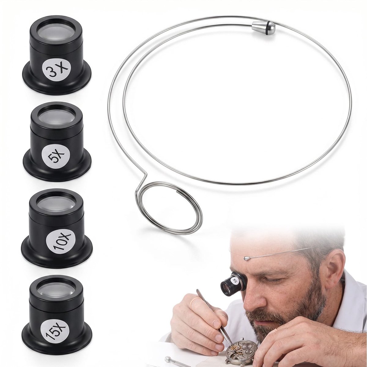 SolidKeus - Set van 4 Horlogemakers Loupes met Stalen Ring - 3x/5x/10x/15x