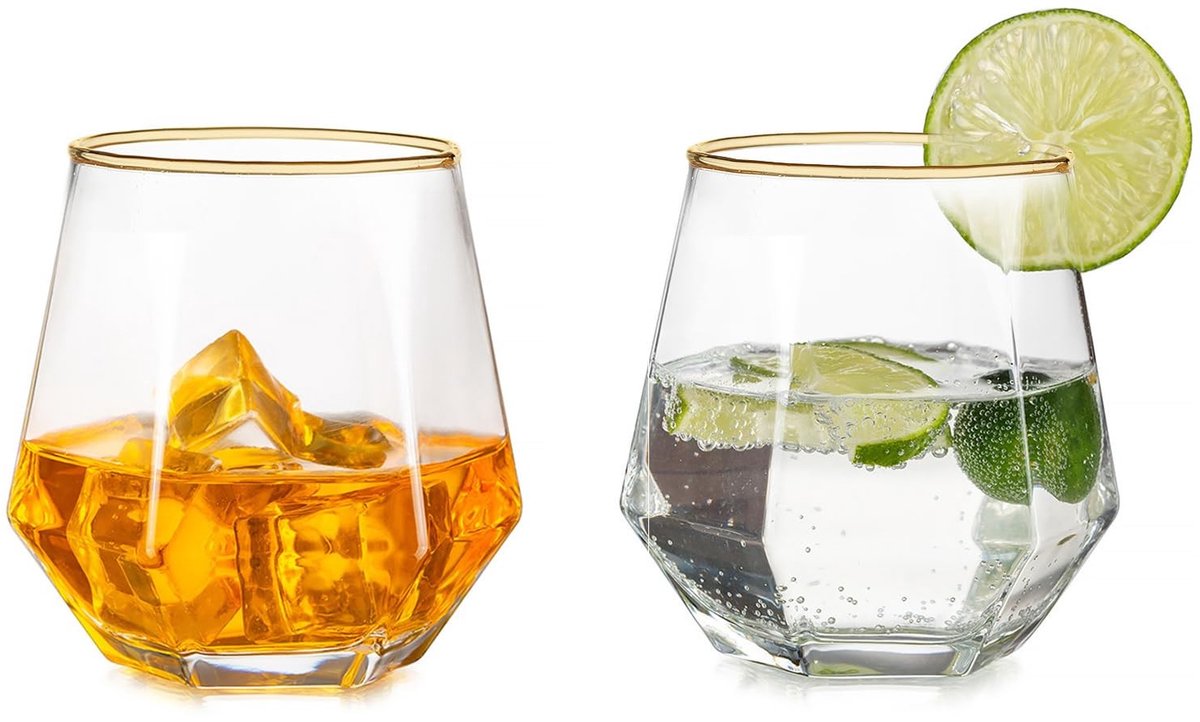 SolidKeus - Set van 2 Whisky Glazen met Geometrisch Ontwerp en Gouden Rand