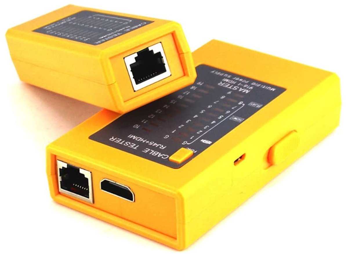 Kabeltester - Geel - 10,5 x 9,5 x 2,6 cm - 3-in-1 HDMI, RJ11 & RJ45 - Voor Thuis en Professioneel Gebruik