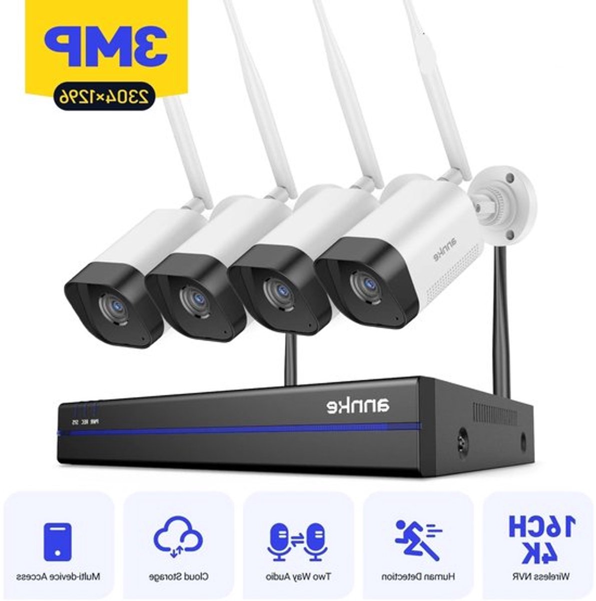 Draadloos CCTV-systeem – Bewakingscamera – Beveiligingscamera – IP Camera – Wifi Camera – 4 Camera’s – 4TB HDD – 3MP Resolutie – Nachtzicht 30 Meter