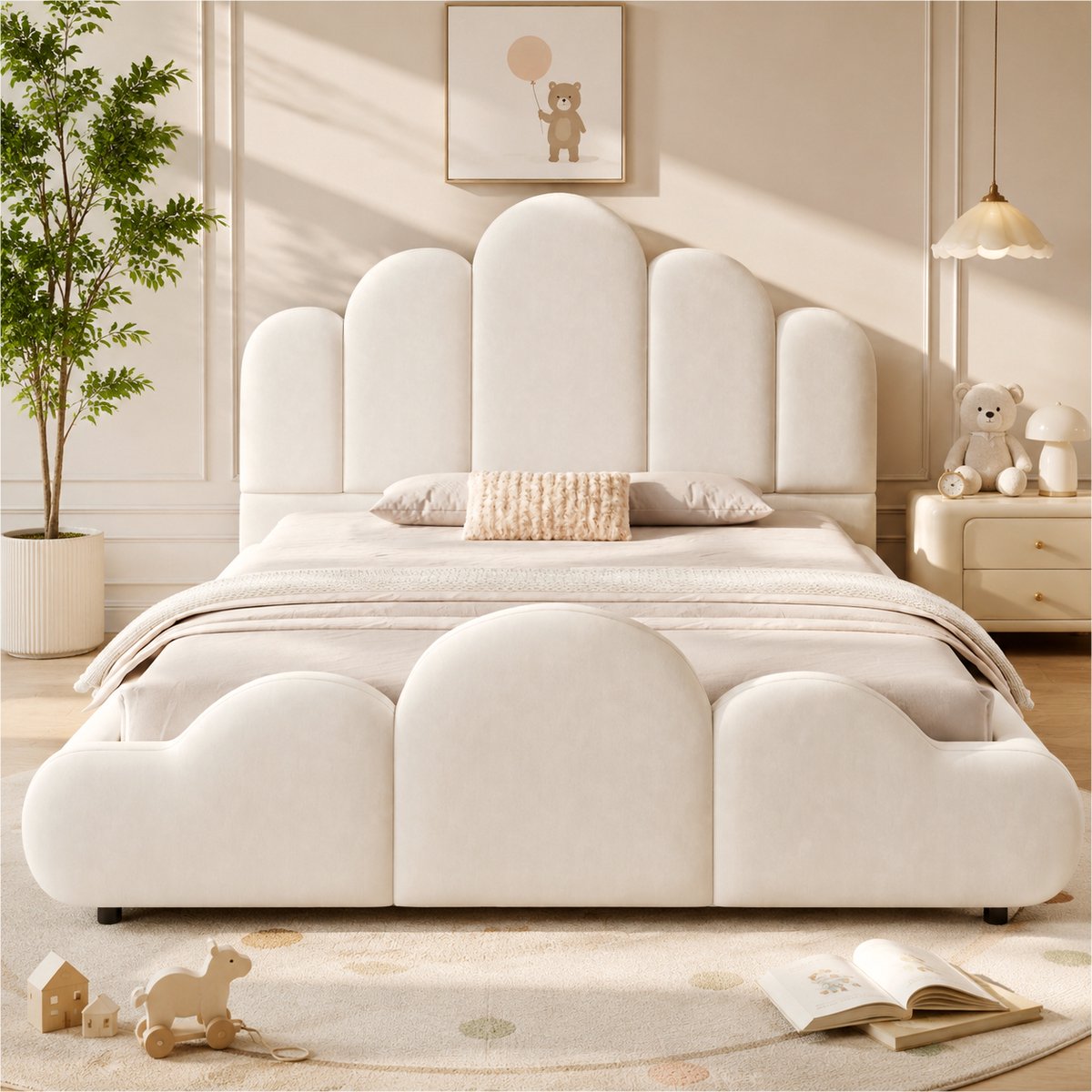 Gestoffeerd Bed 140x200 Cm Zonder Matras – Kinderbed Met Gepolsterd Hoofdeinde En Afgeronde Hoeken – Lattenbodem Inbegrepen – Zacht Fluweel – Beige