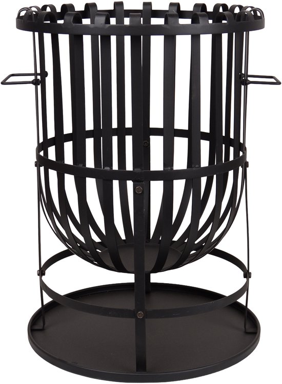Zwarte metalen vuurkorf met een open, rond ontwerp en handgrepen.