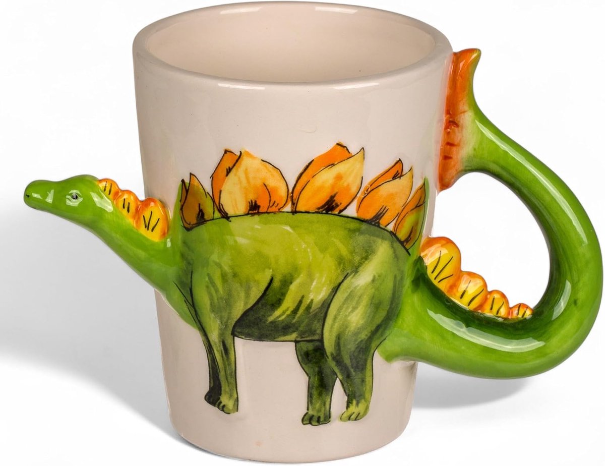 Dinosaurus bekerset - 3D beker met handvat van dolomiet, ca. 300 ml, kindermokken met dino-motieven, handbeschilderd, keramische mok voor jongens en meisjes (stegosaurus)