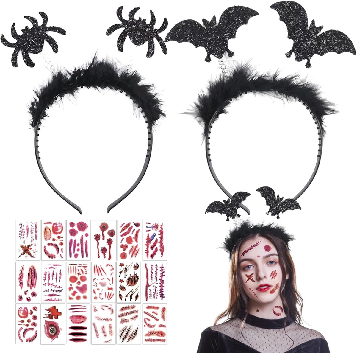 Spinnen en vleermuis haarband, 2 stuks, Halloween haarband, zwarte pluche glitter, inclusief 20 vellen tattoostickers, hoofdtooi Halloween, kostuumfeest, cosplay
