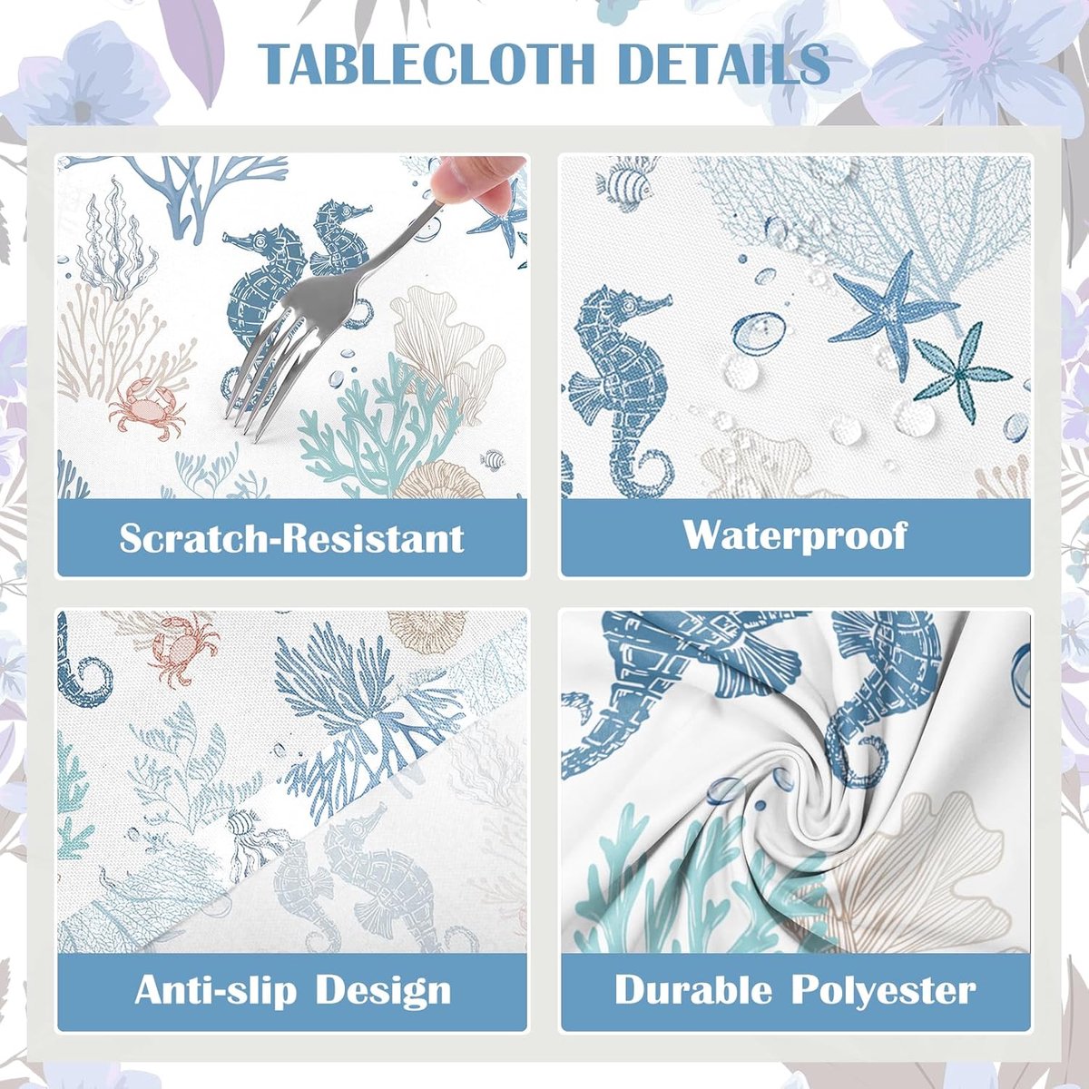 Coral Polyester tafelkleed, kust, rond, 71 inch | Wasbaar herbruikbaar waterbestendig tafelkleed met zeekoraalprint voor zomer dineren, feesten, terrasdecoratie