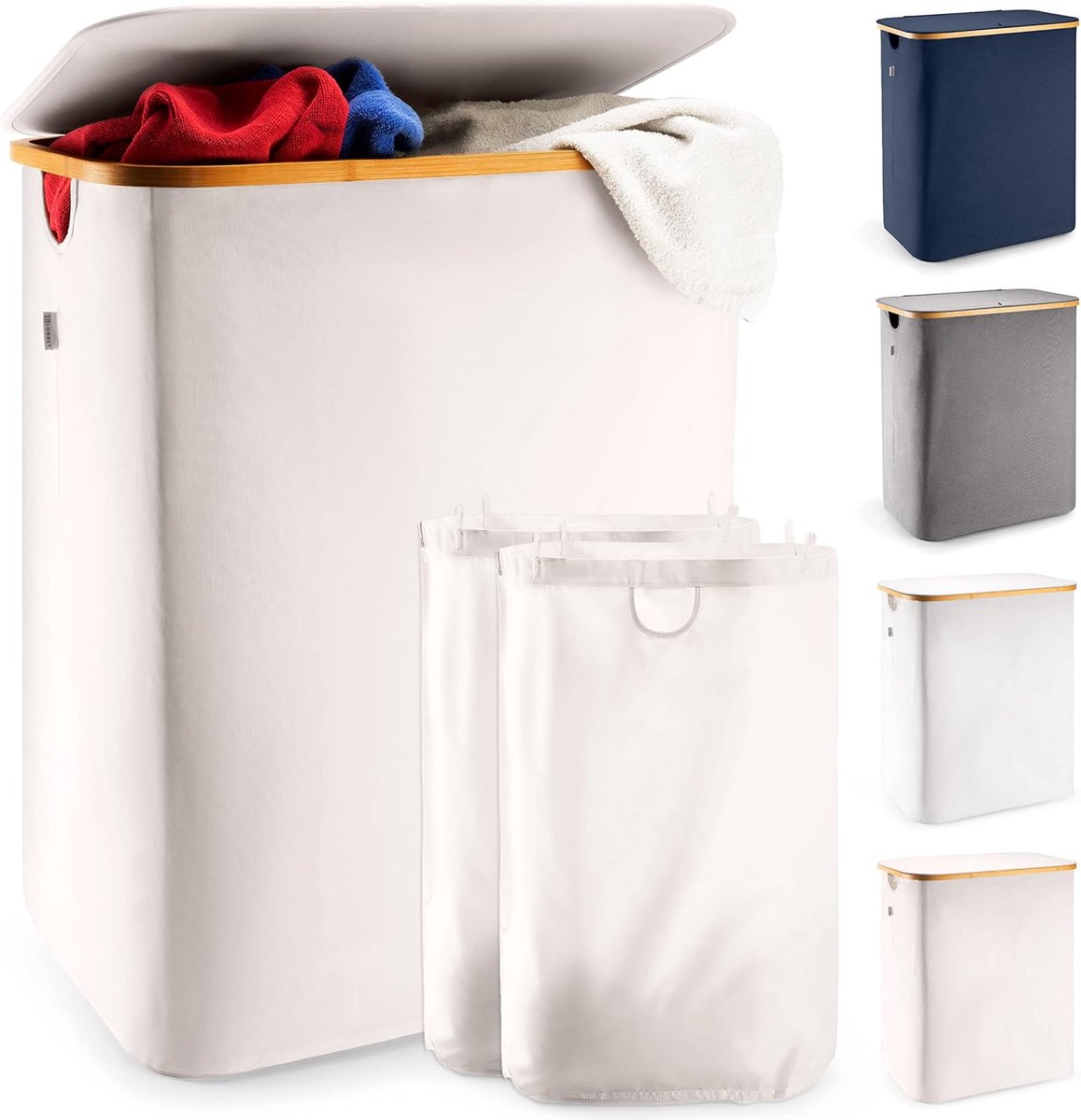 Wasmand met deksel & 2 compartimenten 150L Groot - Wasmand Ademend met stevig bamboe frame - inclusief uitneembare waszak Wasbaar - Wasmanden Waterdicht | Beige