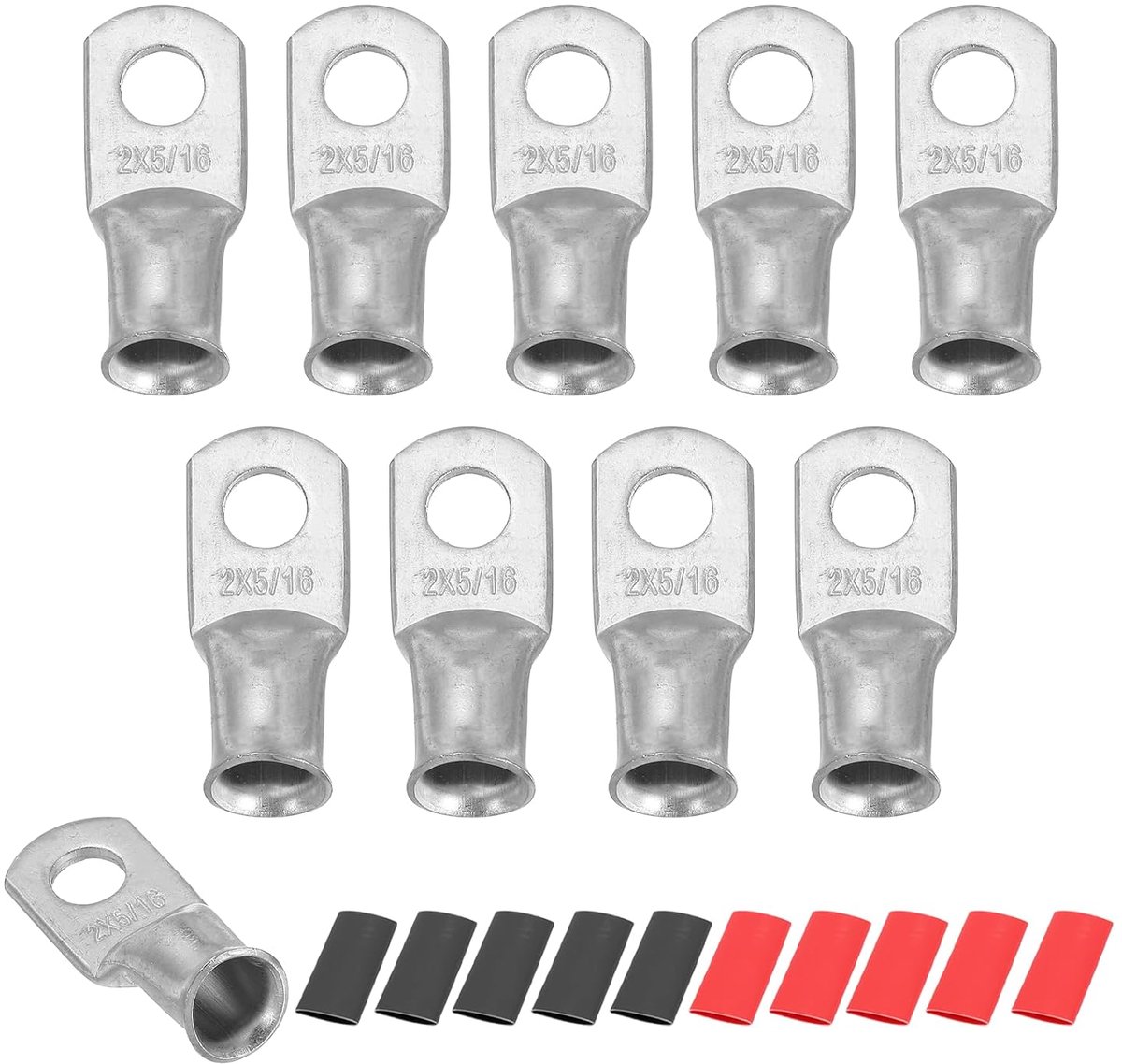 10 stuks ringklemmen voor batterij M8 2 AWG, kabelschoenen met krimp, 5/16 inch, 8 mm, koper, krimpkous 2:1, zilverkleurig