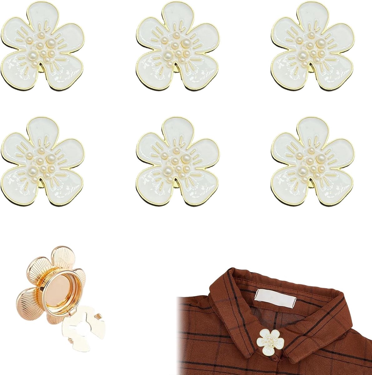 Knopen 6 Stuks – Decoratieve Afneembare Knopen met Camelia, Imitatieparels en Strass voor Overhemden