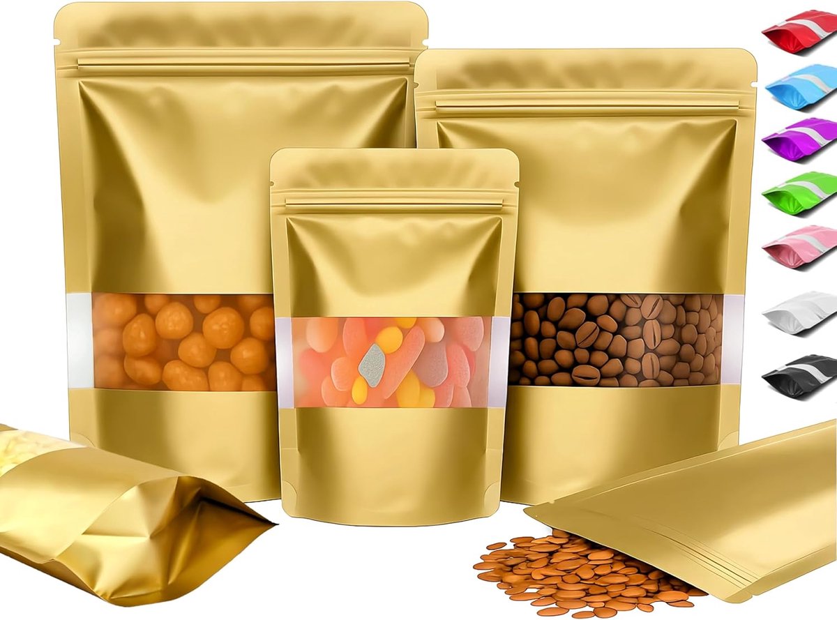 100 Stuks Staande Hersluitbare Zakjes met Venster, Aluminium Mylar Doypack, Gekleurde Herbruikbare Stazakken, Plastic Ziplock Zakjes Voor Voedselverpakking en Opslag (Goud, 10 x 15 cm)