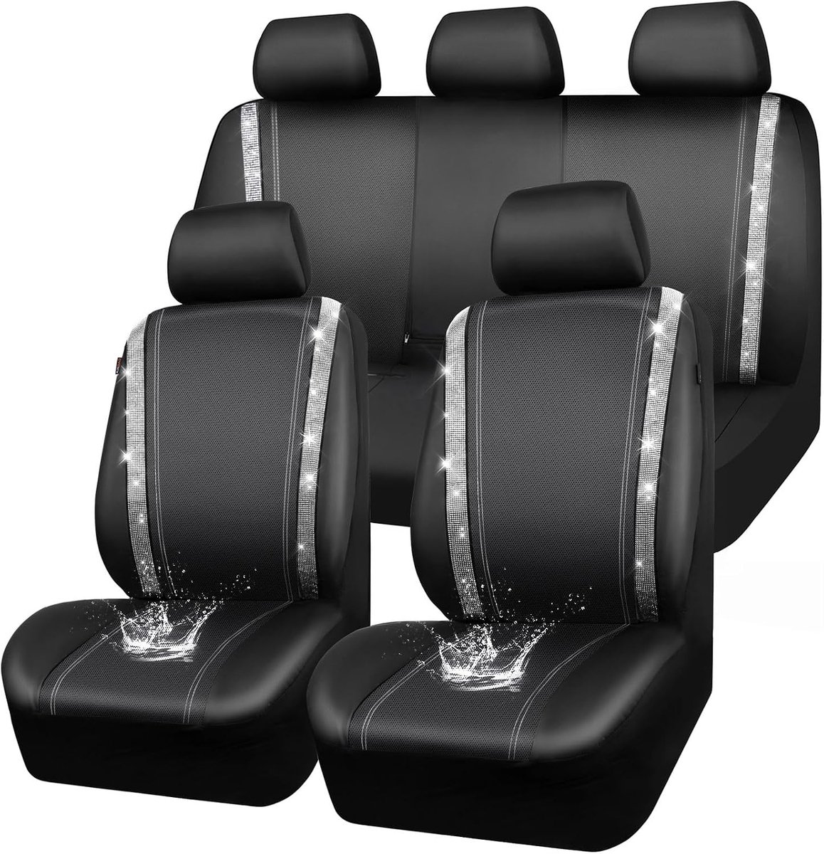 Waterdichte lederen autostoelhoezen, bling diamant complete set stoelhoes, glanzend kristal glinsterend, universeel voor 95% van alle auto's, vrachtwagens, SUV's, vrouwen en mannen (complete